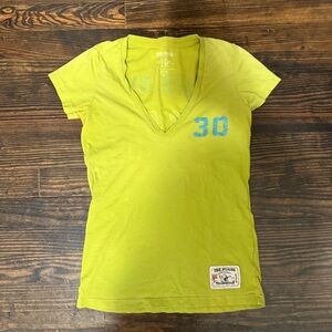 True Religion Bright Green V-Neck Tee with Blue Accent